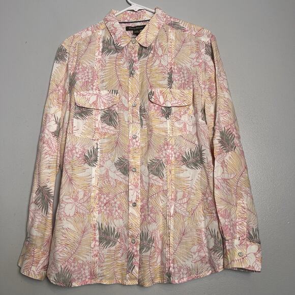 Tommy Bahama Women's L Linen Button Up Shirt Roll Tab Coral Pink Floral Vacation - Picture 1 of 14